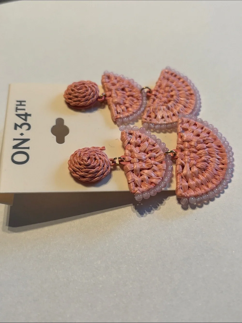 On 34th Gold-Tone Stone Bead & Woven Raffia Drop Earrings in Pink